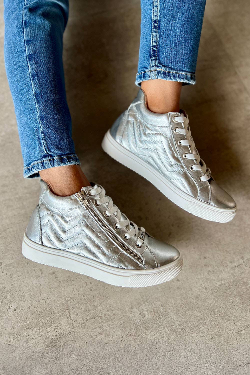 PMK SHOES - Wholesale Lifestyle Sneakers - Women's - Regina - Silver - Handmade Cow Leather Sneakers