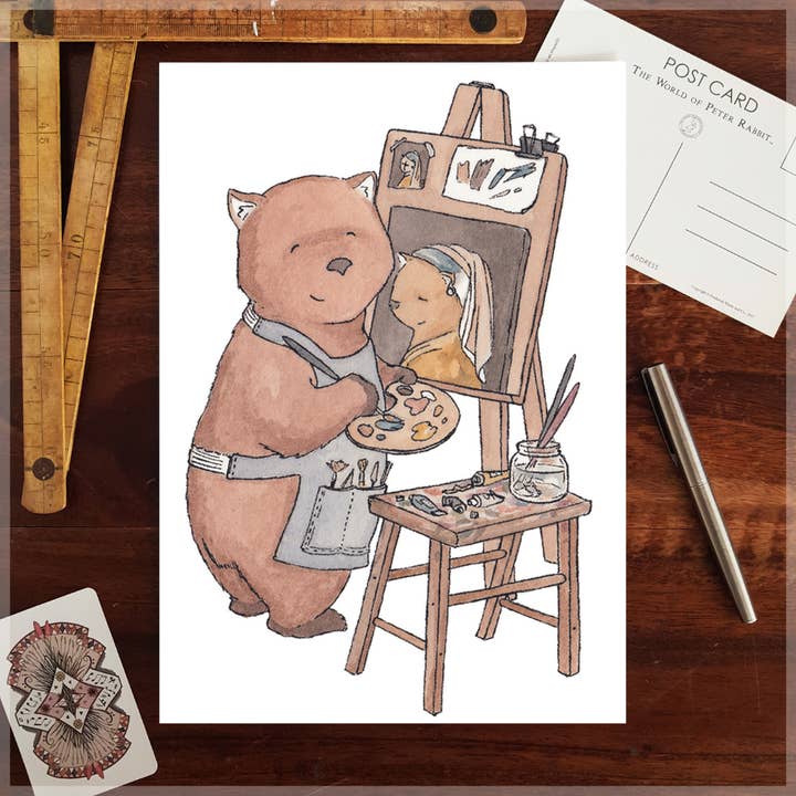 Wombat with a Pearl Earring - A4 Art Print for wholesale by Erlenmeyer Art