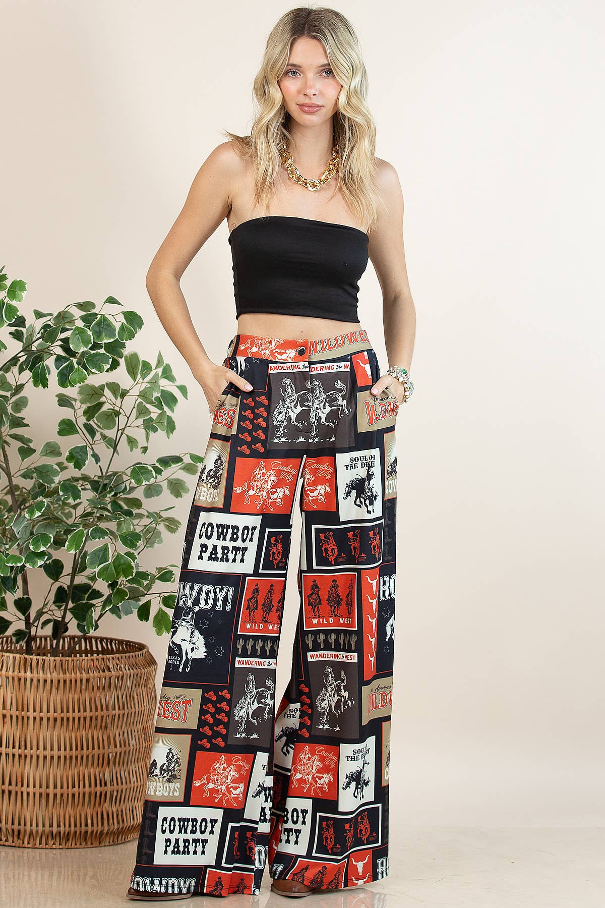 Multi Colored P1261-6010-Tammy Cowboy Party Mesh Print Slack Pants for wholesale on Faire2