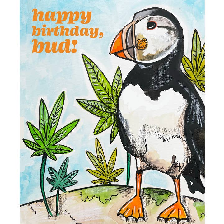 Biglietto di auguri di compleanno a forma di pulcinella di mare, divertente, vaso, erba, uccello, vernice per la vendita all'ingrosso da parte di Kerry Quinn's Kitsch