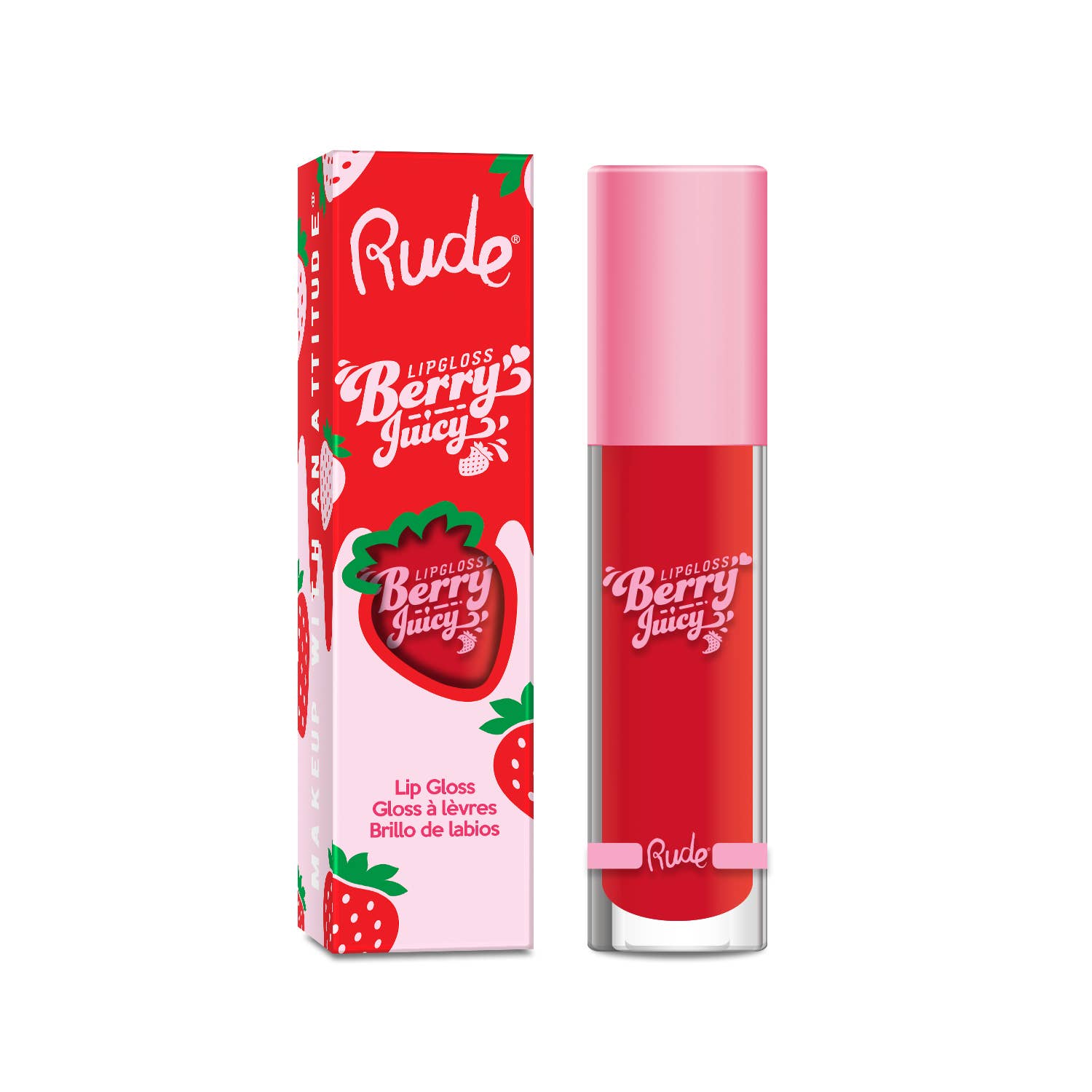 Rude Cosmetics – Gloss labial por atacado – Conjunto de Exposição de Brilho Labial Sabor Frutos Vermelhos, 64 peças (8 tons)8