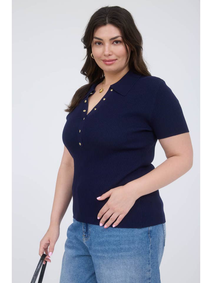 The Workshop Studio - Wholesale Knit Top - Women's - PLUS GOLD SNAP BUTTON SWEATER KNIT POLO16