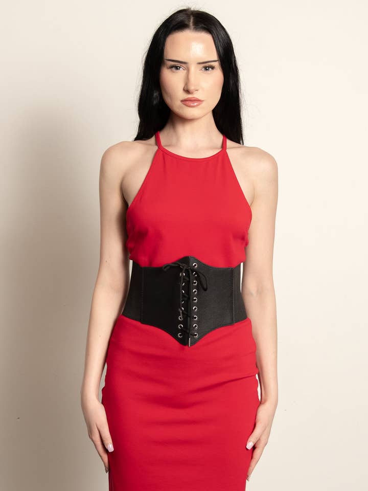 Elastic Corset Belt with Lace-Up Detail for wholesale by Isabelle LaRue