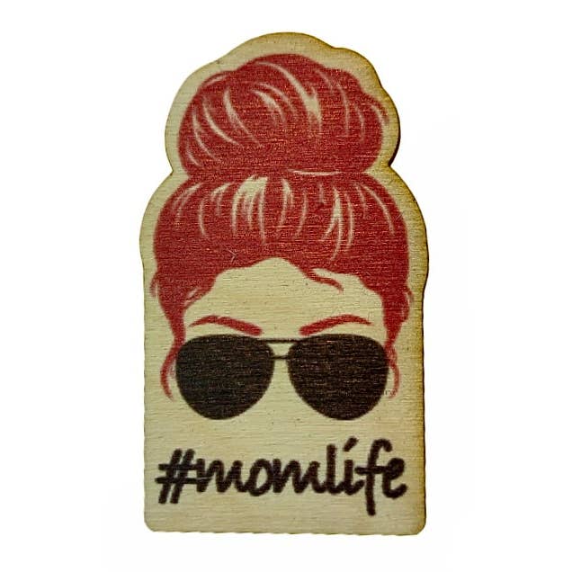 #momlife Red Hair Messy Bun Black Glasses Magnet/Keychain for wholesale by Rock Lion Goods