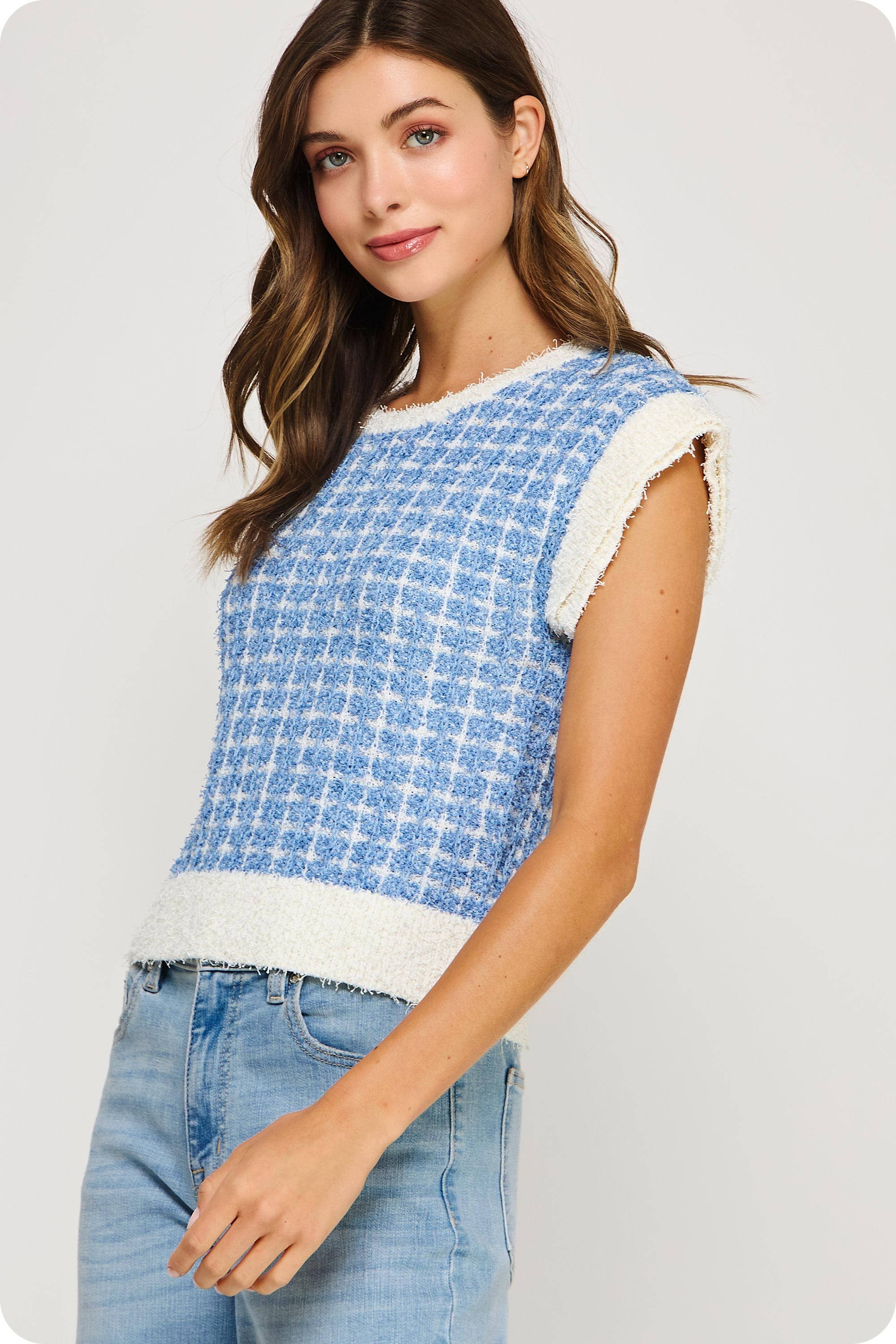 Strut & Bolt - Wholesale Blouse - Women's - Sleeveless Check Tweed Knit Sweater Top16