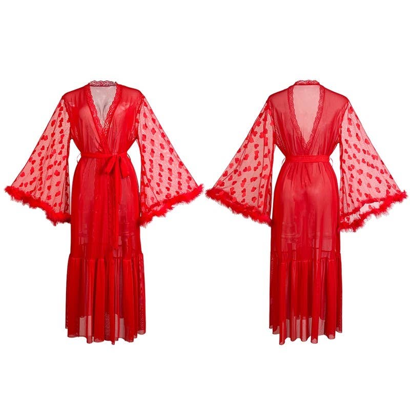 Sheer Trend – wholesale Robe – Women's – Mesh Print Feather Trim Long Sleeve Robe4