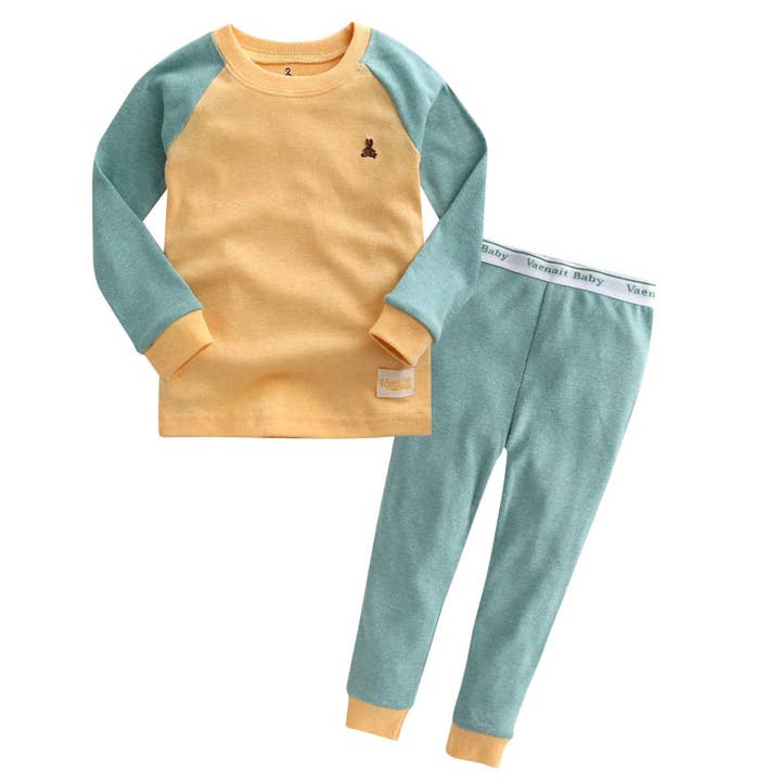 Raglan Yellow Cotton Long Sleeve PJ's for wholesale on Faire