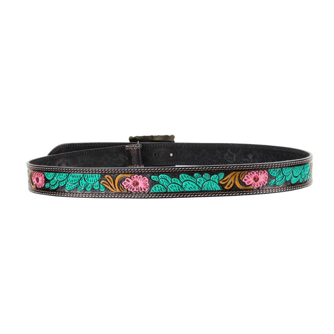 Leather Impressions Inc - Wholesale Belt - Women's - Turquoise and Pink Tooled Leather Belt 7Pc Prepack ABBWST 412