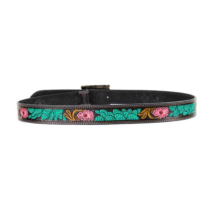 Leather Impressions Inc - Wholesale Belt - Women's - Turquoise and Pink Tooled Leather Belt 7Pc Prepack ABBWST 412
