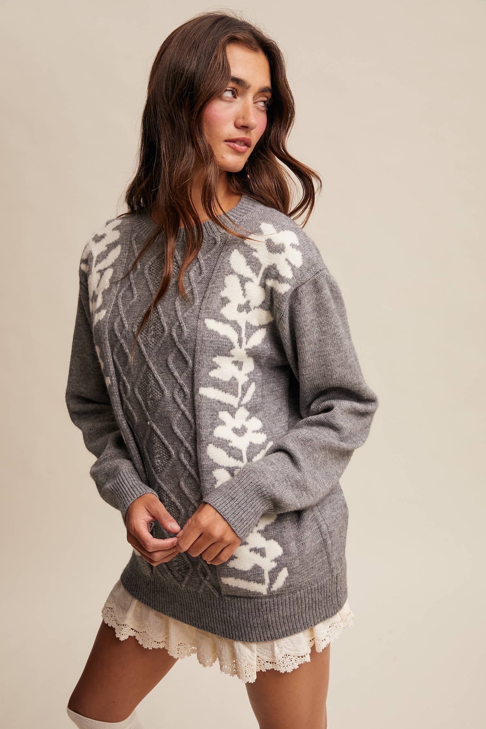 Listicle - Wholesale Knit Sweater - Women's - Floral Panel Cable Knit Sweater (LSW0880)35