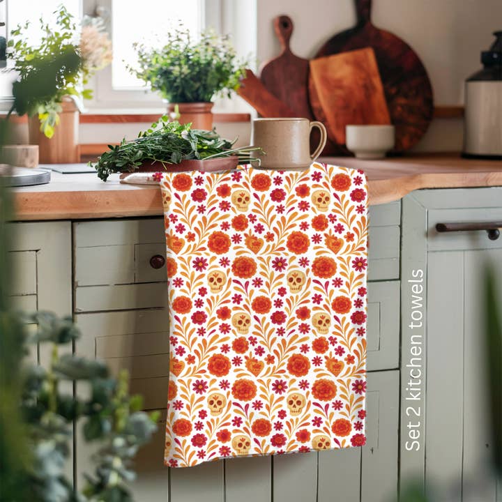 Dia de los muertos kitchenTowels – Set of 2 Cotton Towels with Talavera, cempasúchil, calaveritas Design for wholesale by Ficus and Plants LLC