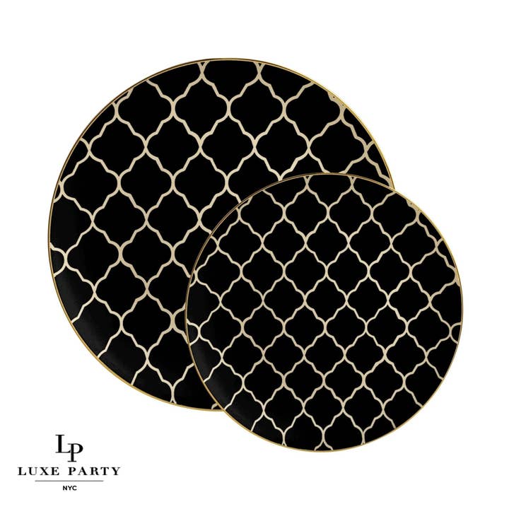 Platos de plástico redondos negros • dorados con patrón de celosía | Paquete de 10 para venta al por mayor de Luxe Party