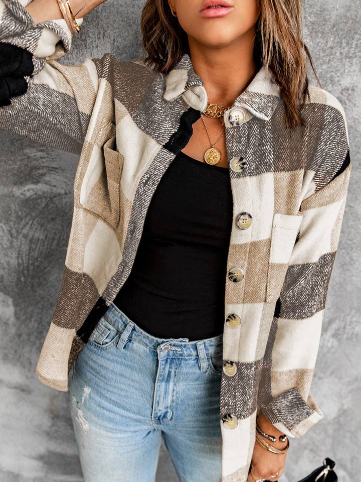 Plaid Colorblock Long Sleeve Jacket with Pockets – Casual Chic for wholesale by Suhkasana