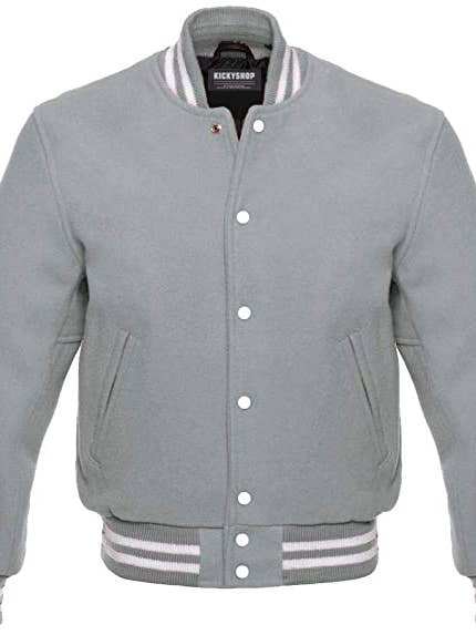 Chaqueta Varsity de lana Melton Letterman, gris claro para venta al por mayor de Kicky Imports LLC