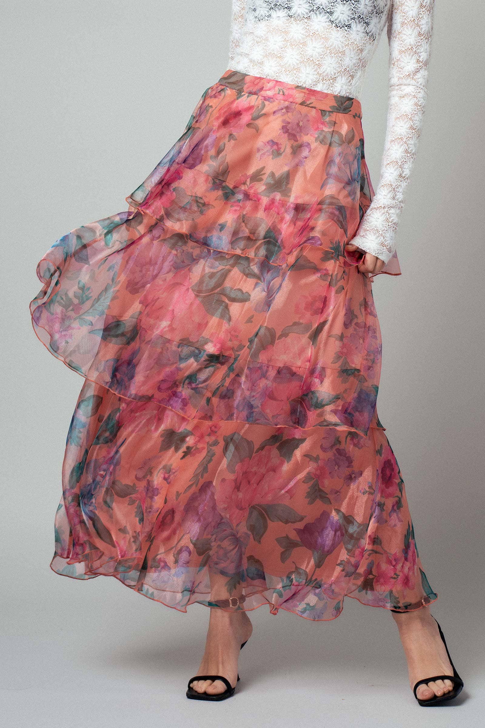 PEACH MULTI Sheer Floral Print Tiered Organza Maxi Skirt for wholesale on Faire2