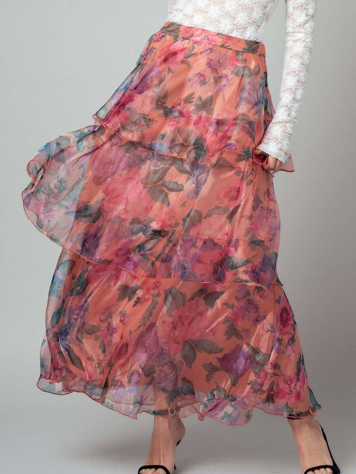 PEACH MULTI Sheer Floral Print Tiered Organza Maxi Skirt for wholesale on Faire2