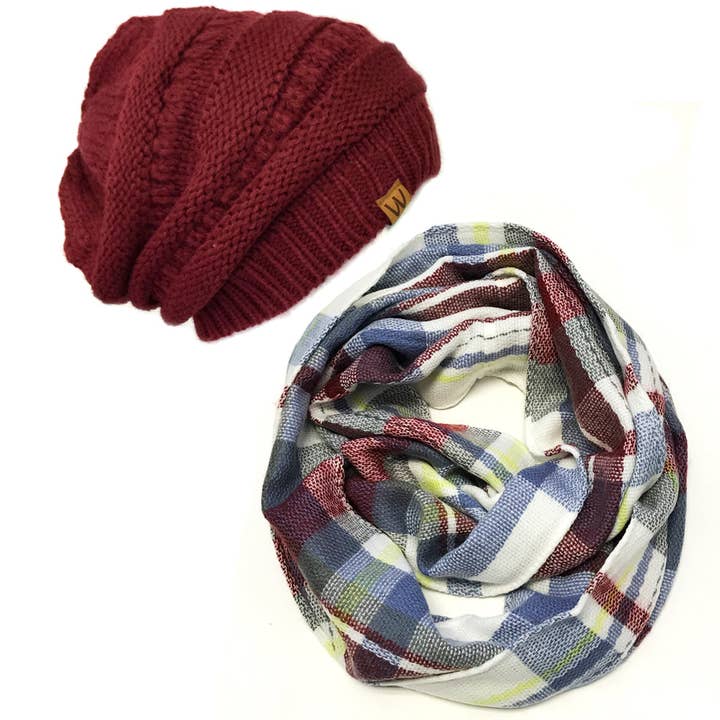 Wrapables Plaid Print Infinity Scarf and Beanie Hat Set for wholesale by Wrapables.com