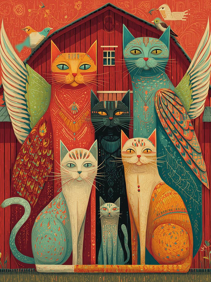 Folk Art Barn Cats Art Print - 8"x10" Artwork for 11"x14" Frame for wholesale by Mowbi