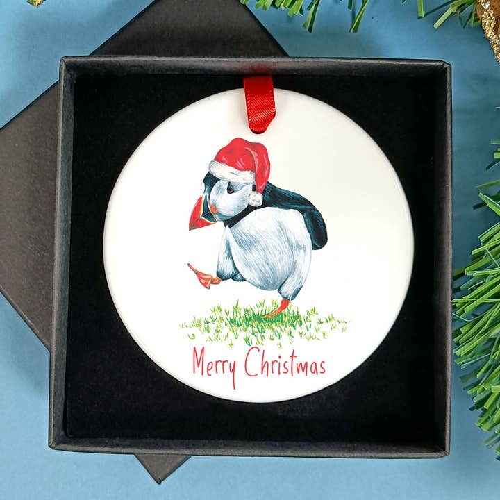Puffin Christmas Tree Decoration, Christmas Ornament Bauble for wholesale by Laura Stanley Designs