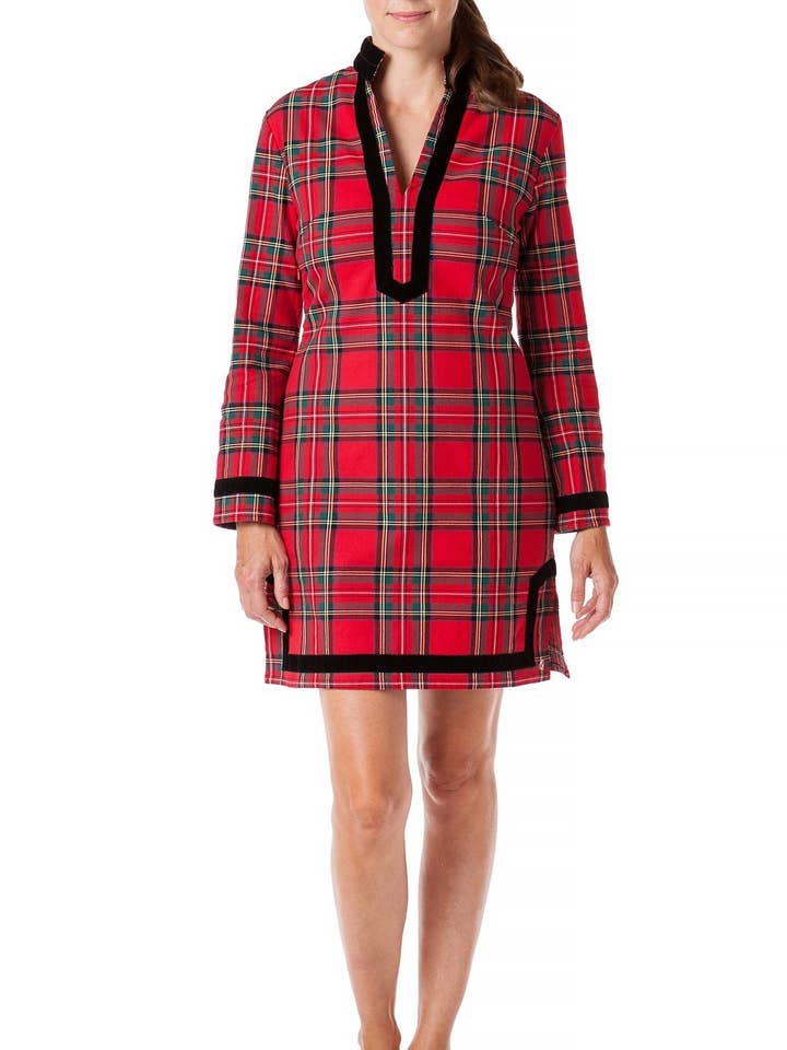 Robe Tunique en Sergé Extensible Royal Stewart avec Bordure en Velours Noir pour la vente par Castaway Clothing Nantucket Island