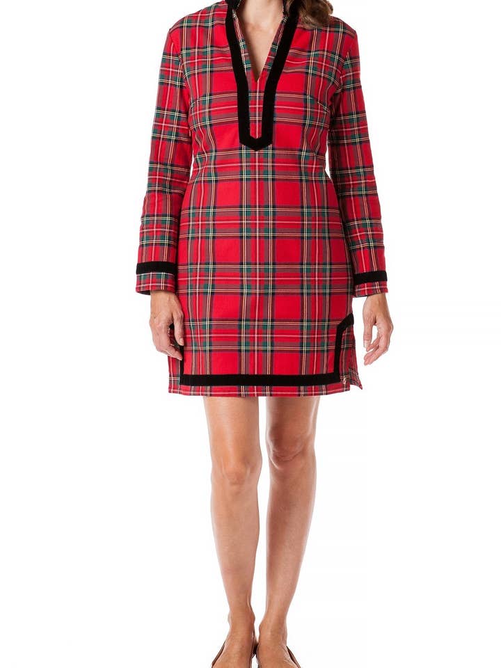 Tunic Dress Royal Stewart with Black Velvet Trim for wholesale by Castaway Clothing Nantucket Island