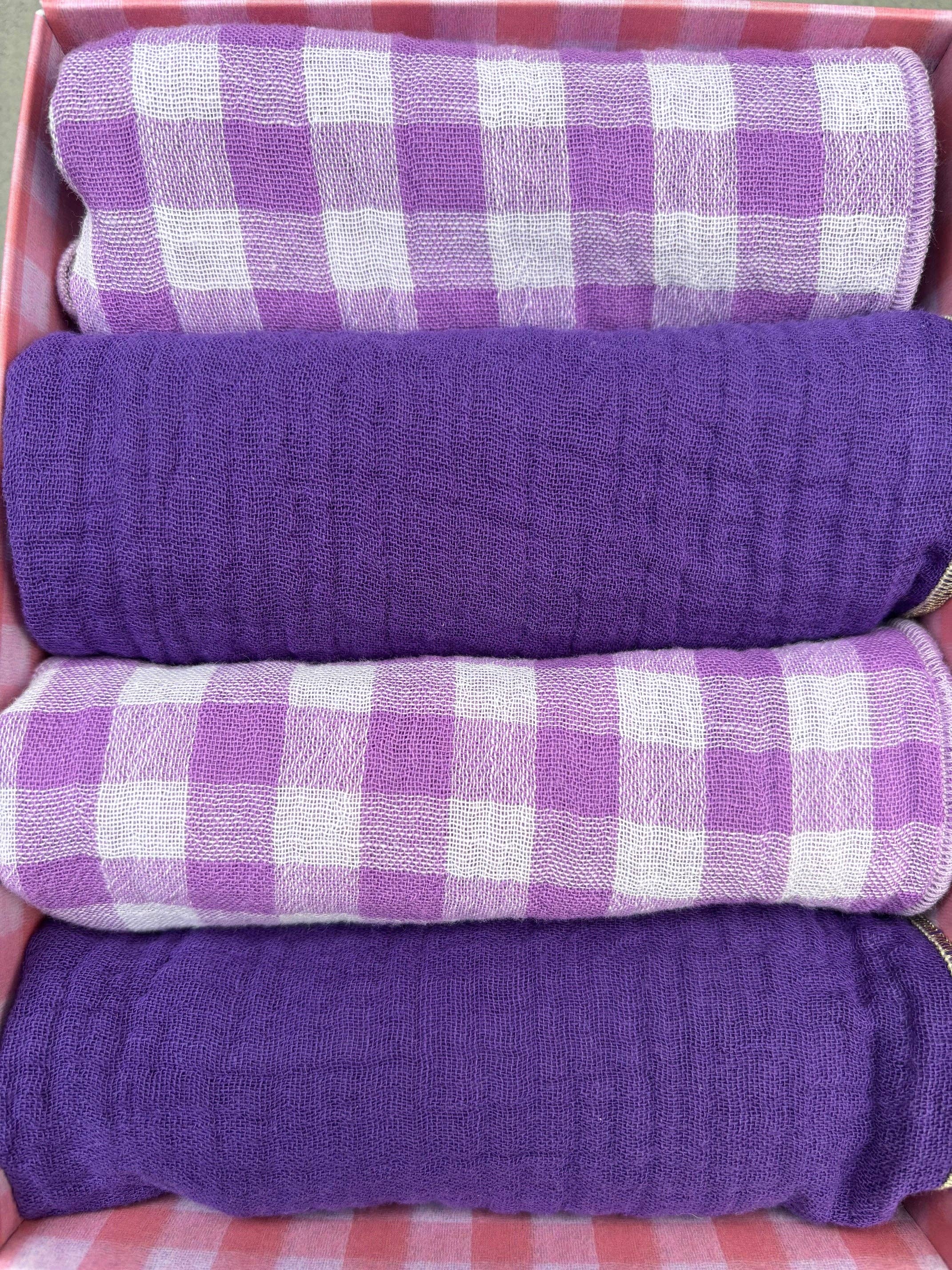 CHARMY - Wholesale Dinner & Cloth Napkin - Set of 4 Table Napkins – Cotton Gauze – Vichy and Plain Wisteria – 40x40 cm