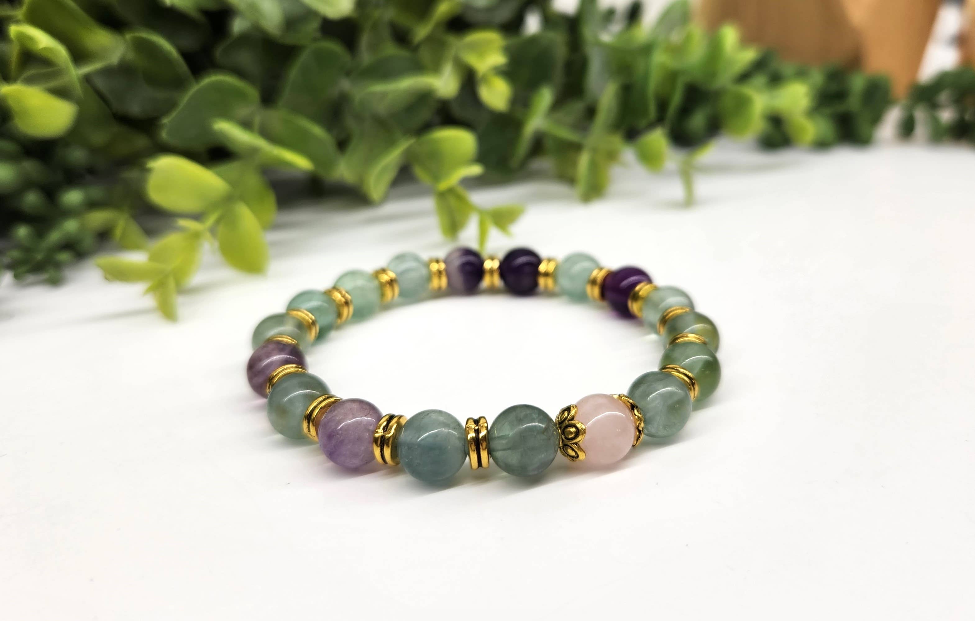 Meraki Gemstones - Wholesale Beaded bracelet - INNER PEACE - Rainbow Fluorite/Rose Quartz(center) 8mm,7.5"L3