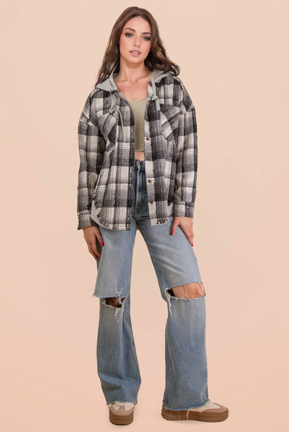 VERY J - Wholesale Jacket - Women's - NT12253-Oversized Flannel Hooded Button Down Jacket19