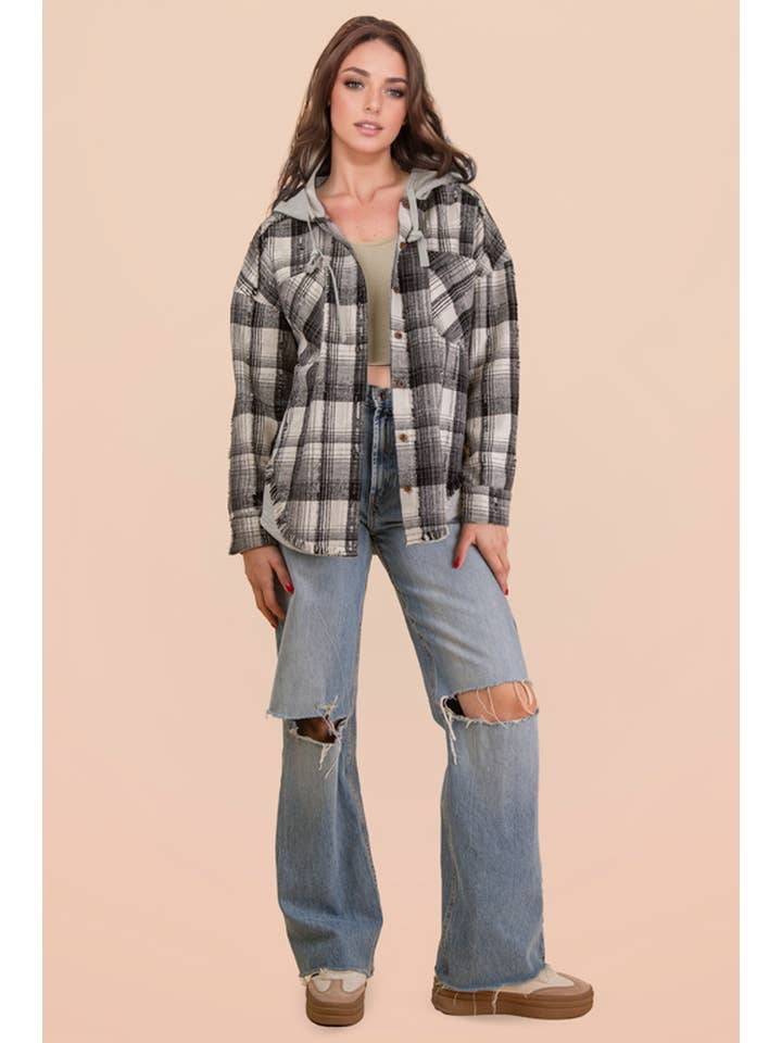 VERY J - Wholesale Jacket - Women's - NT12253-Oversized Flannel Hooded Button Down Jacket19