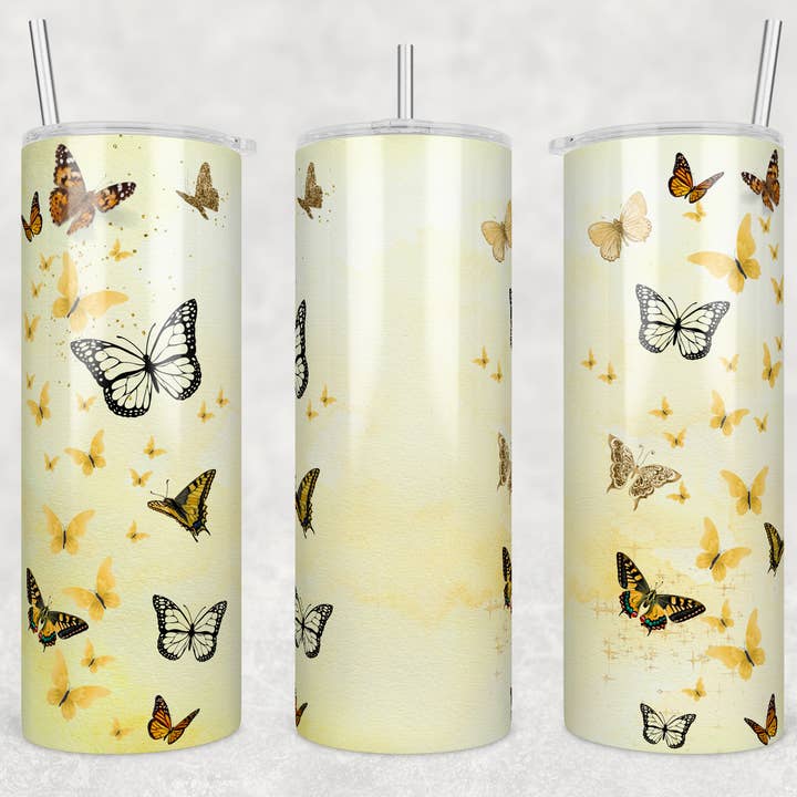 Butterfly Yellow 20oz Sublimation Tumbler for wholesale by Twisted T Creations
