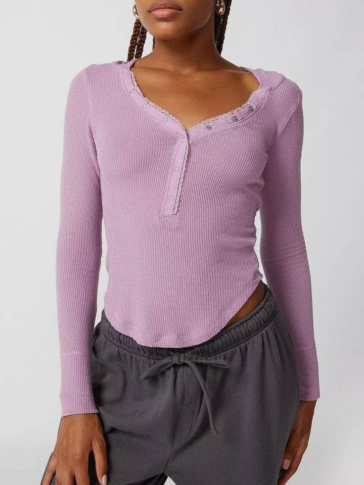 Ribbed V-Neck Henley Top for wholesale by THE WIZ