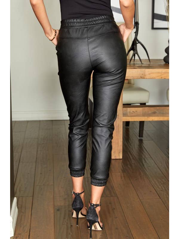 VENTI6 - Wholesale Pants - Women's - PU ELASTIC WAISTBAND ELASTIC ANKLE JOGGERS (97800-PU)