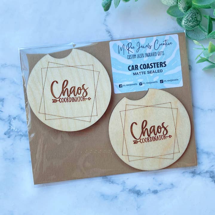 Chaos Coordinator Teacher Boss Mom Set of Wood Car Coasters for wholesale by M.Ree Jewels Creative