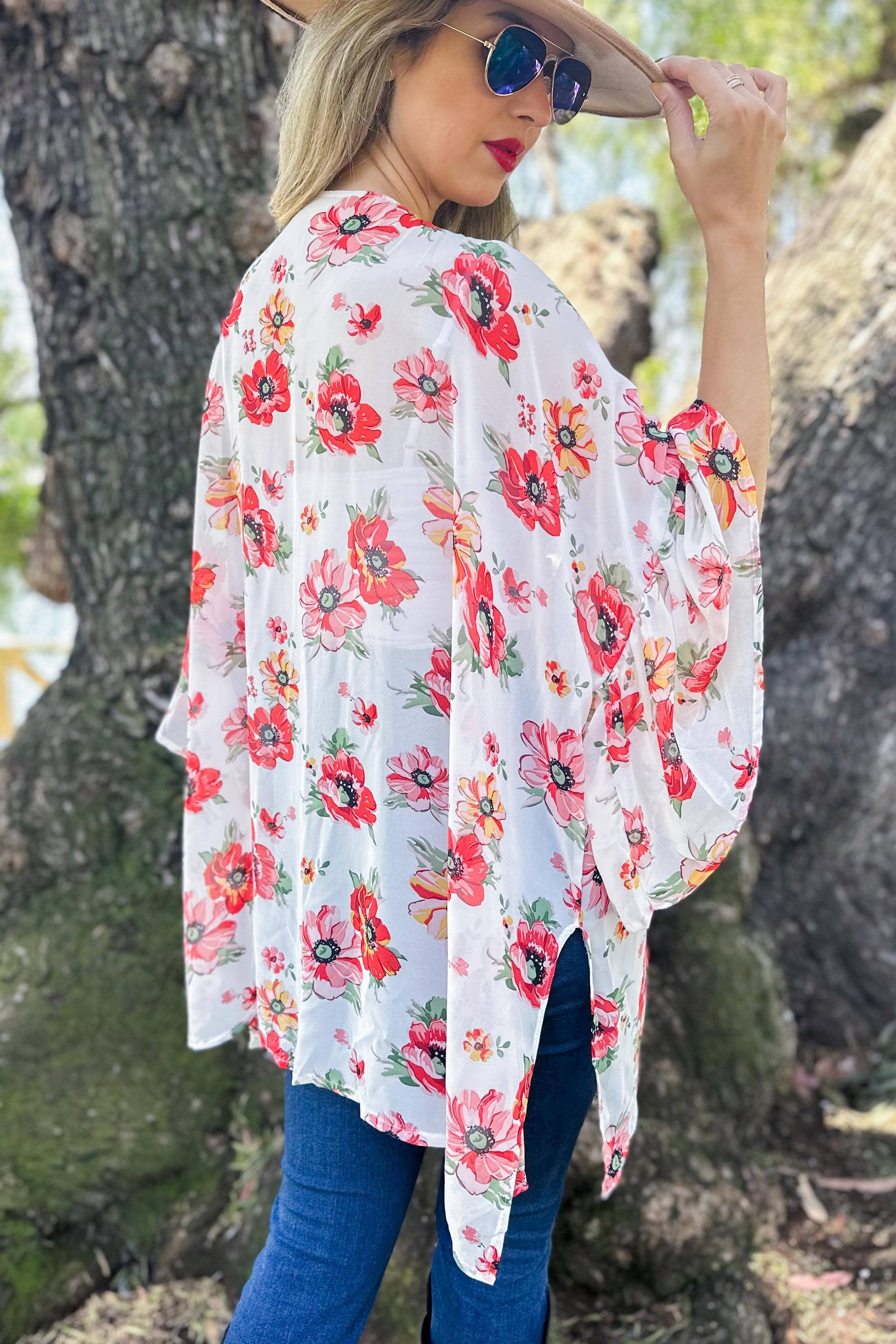 AMOLI – wholesale Kimono – Women's – Floral Printed Ruffled Sleeve Chiffon Kimono Cover-Up6