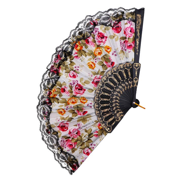 Cap Zone - Wholesale Handheld Folding Fan - Peony Floral Lace Trim Hand-Held Folding Fan