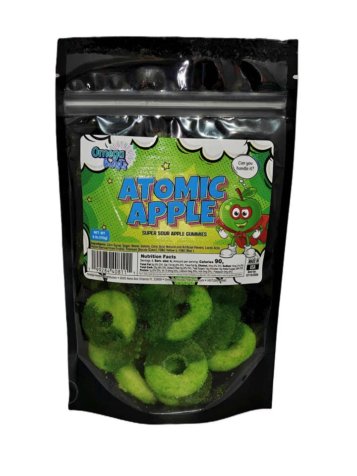 🍏 Omega Bursts Atomic Apple – Super Sour Green Apple Gummy Rings (6 oz) for wholesale by Omega Bursts