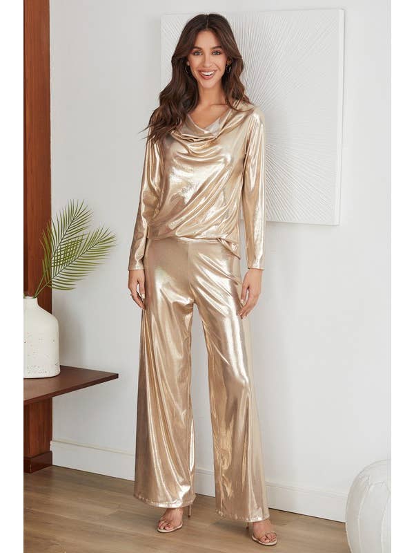 VENTI6 - Wholesale Blouse - Women's - METALLIC LONG SLEEVE COWL NECK TOP (7139-METALLIC)