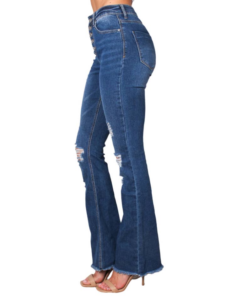 Good Stuff Apparel - Wholesale Jeans - Women's - Women's High Waist Five Buttons Tattered Flare Jeans