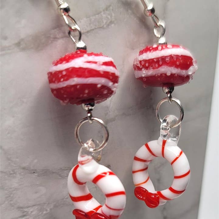 Simply Raevyn - Wholesale Dangle Earrings - Red and White Lampwork Style Bead Earrings with Lampwork Style Candy Cane Wreath Dangles1