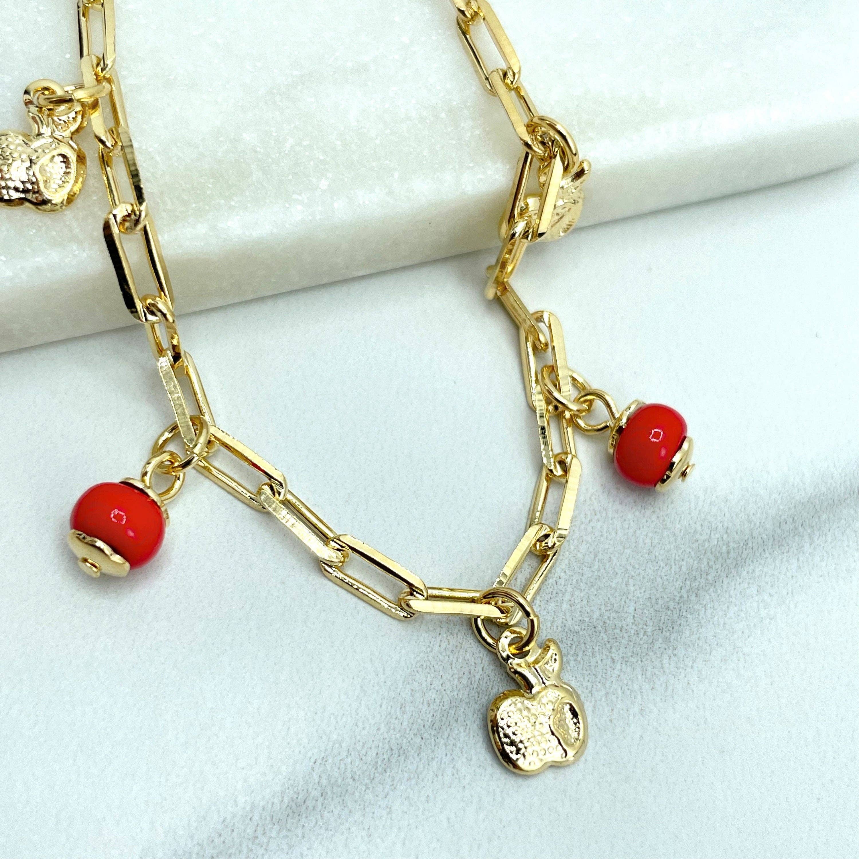 DIJU Jewelry - Wholesale Anklet - 18k Gold Filled Anklet, 3mm Paperclip Chain with Cute Dangle Gold Apples & Red Beads, Wholesale Price Jewelry0