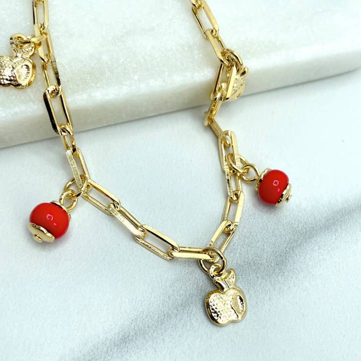 DIJU Jewelry - Wholesale Anklet - 18k Gold Filled Anklet, 3mm Paperclip Chain with Cute Dangle Gold Apples & Red Beads, Wholesale Price Jewelry