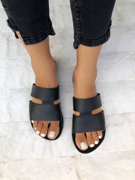 Christina Christi - Wholesale Sandals - Women's - Black Leather Slides, Black Sandals, Women Sandals3