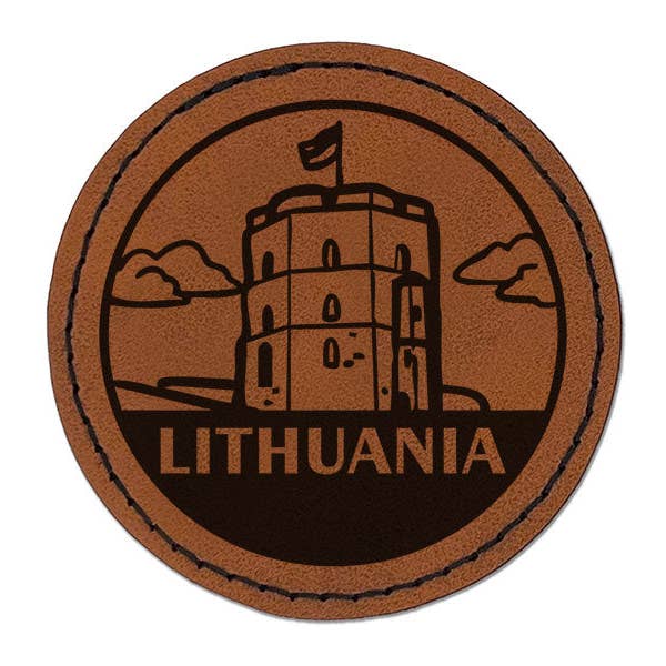 Lithuania Gediminas Tower Vilnius Country Round Iron-On Engraved Faux Leather Patch Applique - 2.5 Inch - Brown for wholesale by Sniggle Sloth