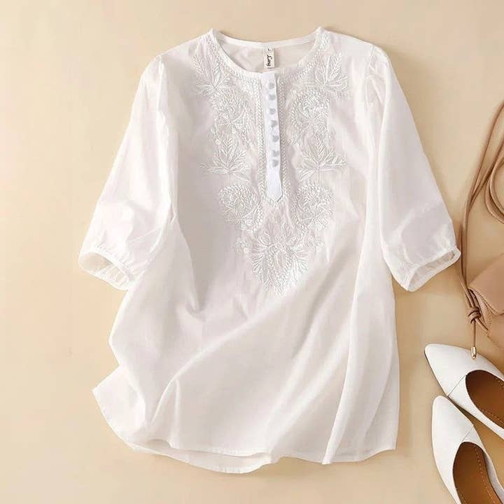 FurDecoration - Wholesale Blouse - Women's - Flowy Floral Embroidered Cotton Linen Blouse