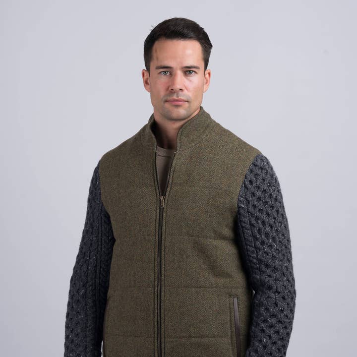 Moss Green Shackleton Jacket With Charcoal Cable Knit Sleeve for wholesale by Celtic Tweed