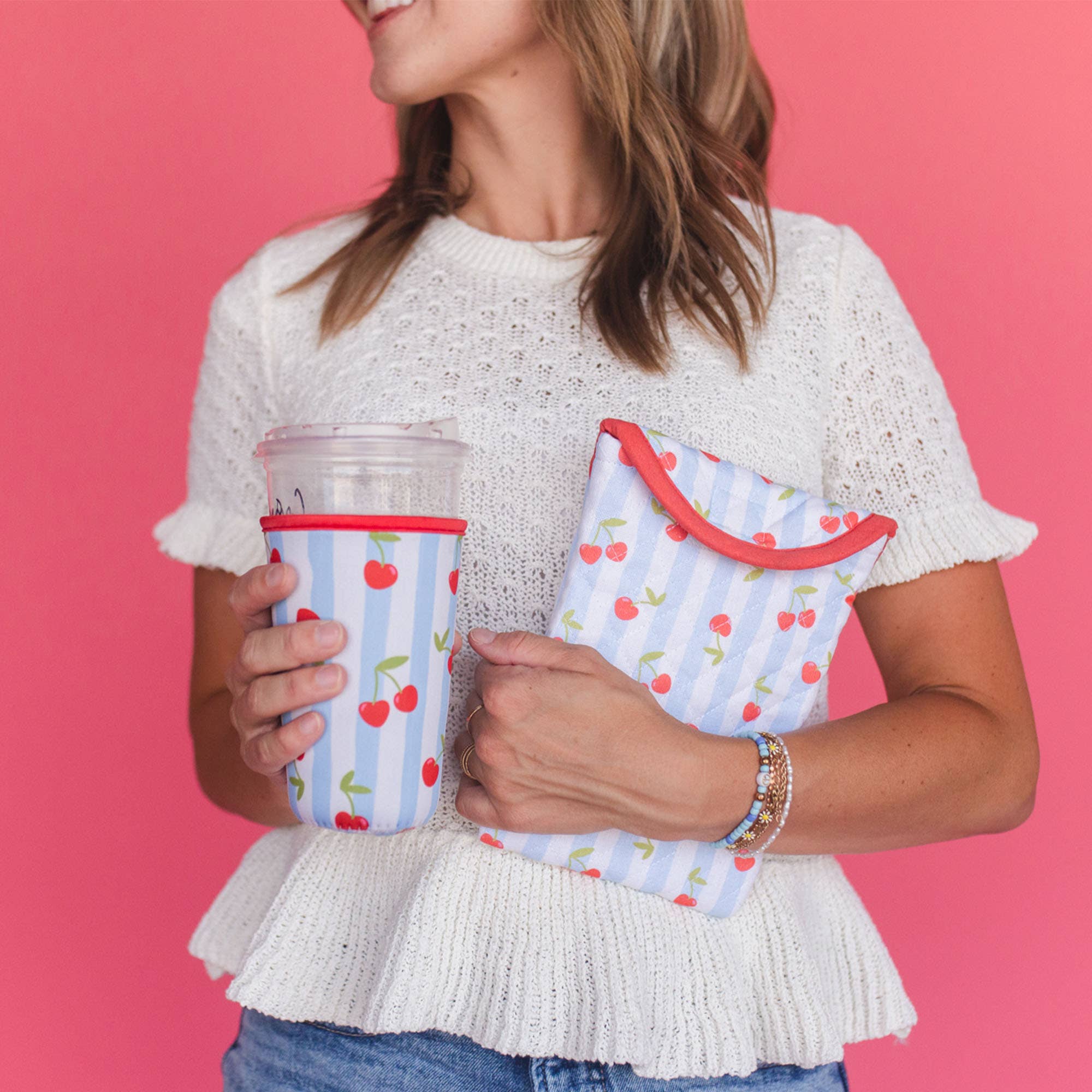 Pippi Post - Wholesale Drink Huggers & Koozies - Cherry Striped Drink Sleeve4