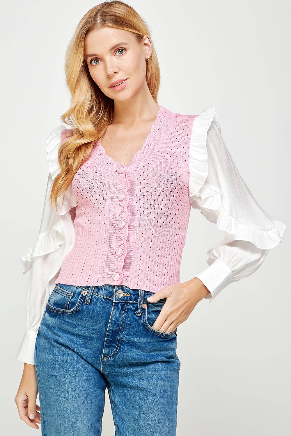 Strut & Bolt - Wholesale Knit Sweater - Women's - Mixed Fabric Ruffled Sleeve Crochet Knit Sweater4