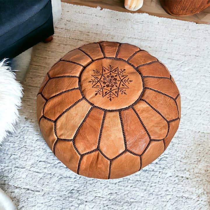 Handmade Tan Leather Pouf – Boho Round Ottoman Footstool for wholesale by DarKech