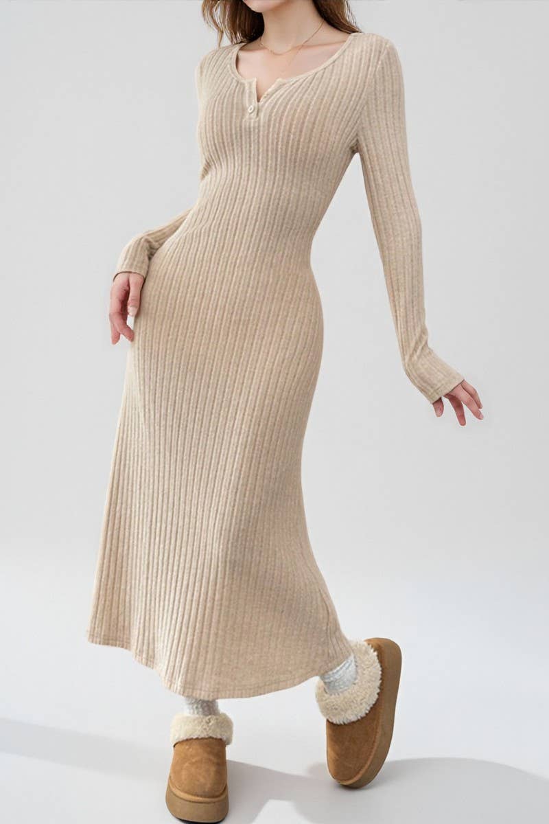 BEIGE CWDMD00981_ELEGANT SLIM-FIT V-NECK SOLID COLOR SWEATER DRESS for wholesale on Faire0