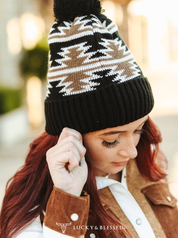 Brown Cream Aztec Fleece Lined Knit Pom Beanie for wholesale by LUCKY & BLESSED